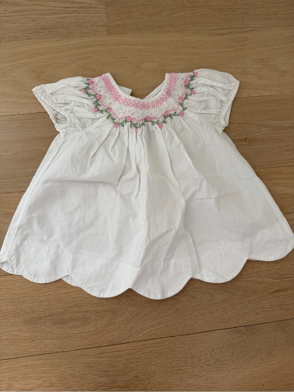 Fantasie White Baby Dress with Pink Smocking and Green Embroidery